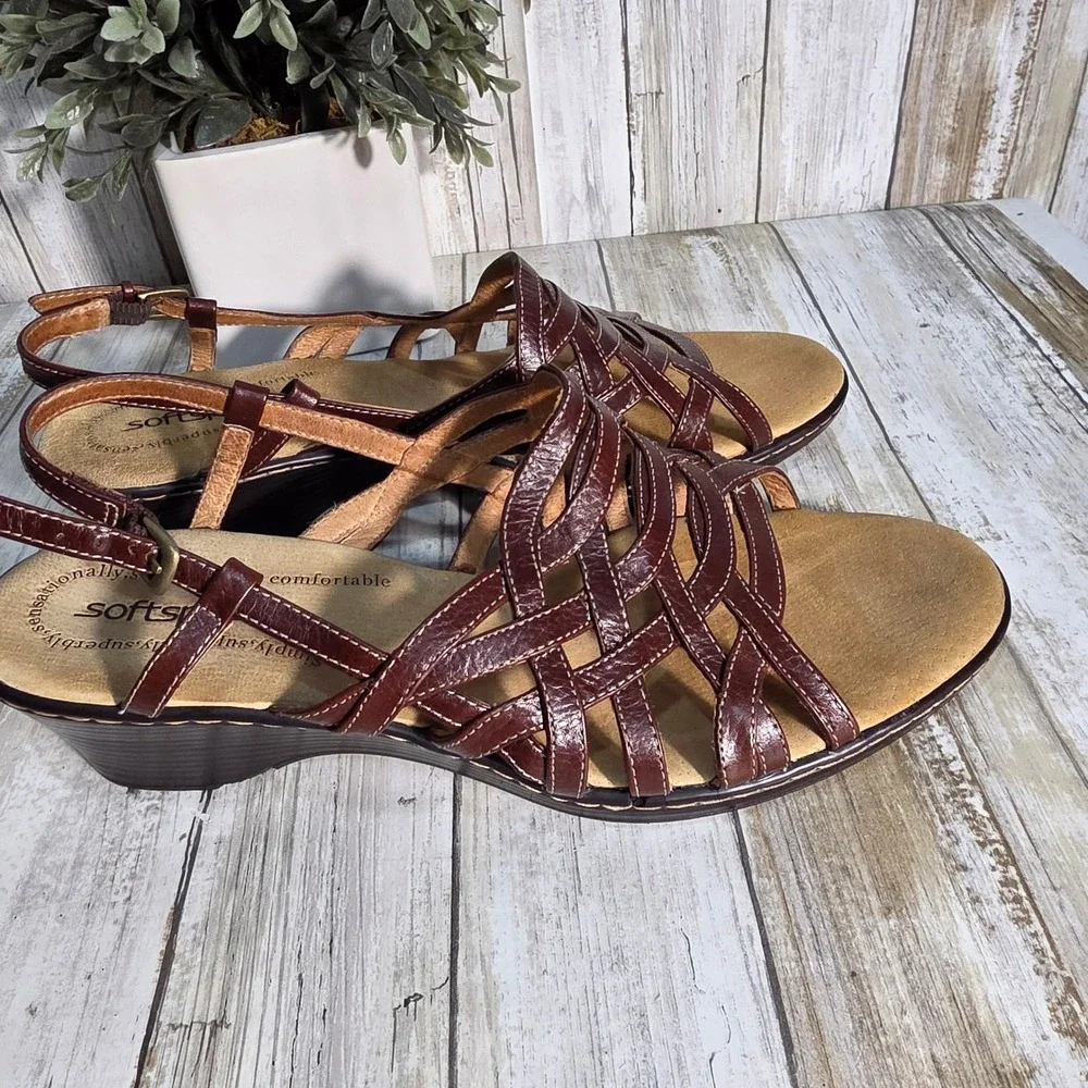 Softspots Womens Burgundy Brown Leather Strappy Wedge Slingback Sandals Size 9M